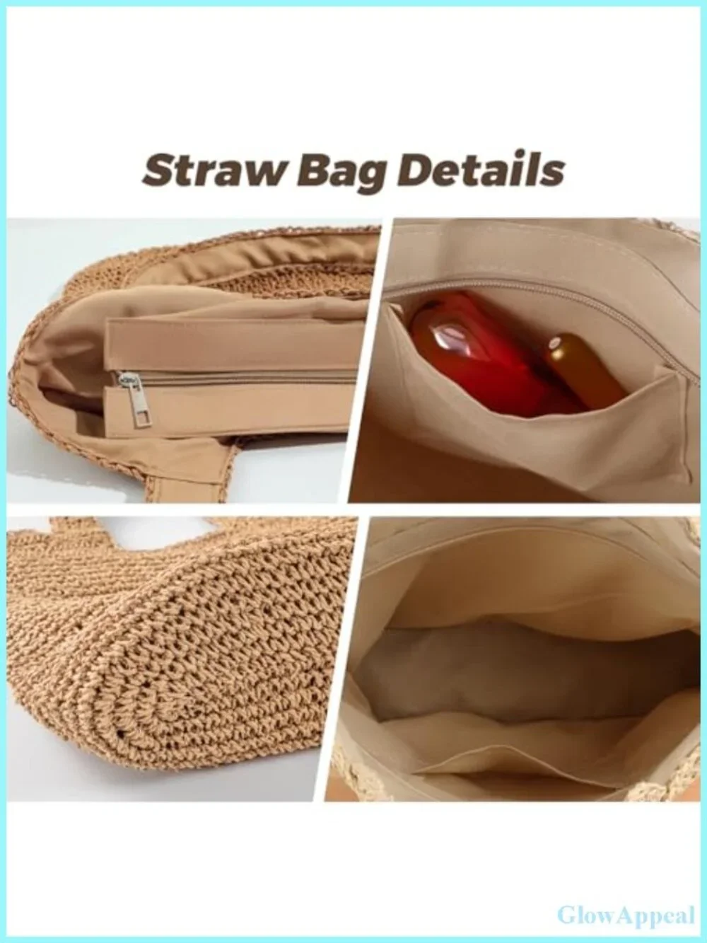 Straw Beach Tote Bag with Zipper Woven Shoulder Handbag for Summer Vacations